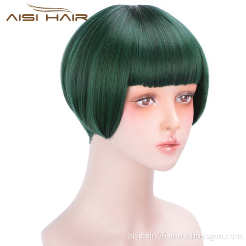 Aisi Hair Short Straight Hair Bob Wigs Synthetic Cosplay Short Wigs Heat Resistant Fiber Green Short Bob Wigs for Women